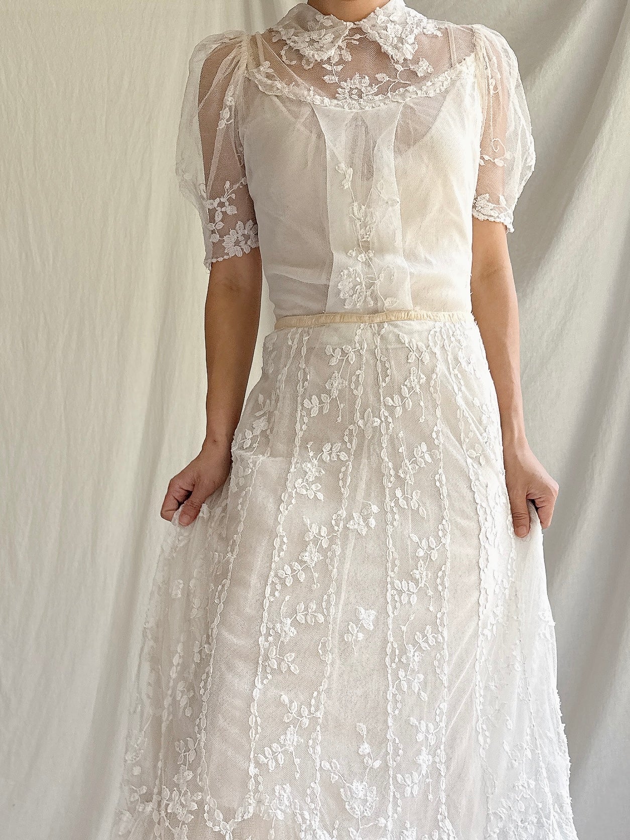 Rare Antique Applique Lace Gown - XS