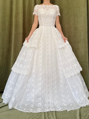 Vintage Embroidered Side Tiered Gown - XS