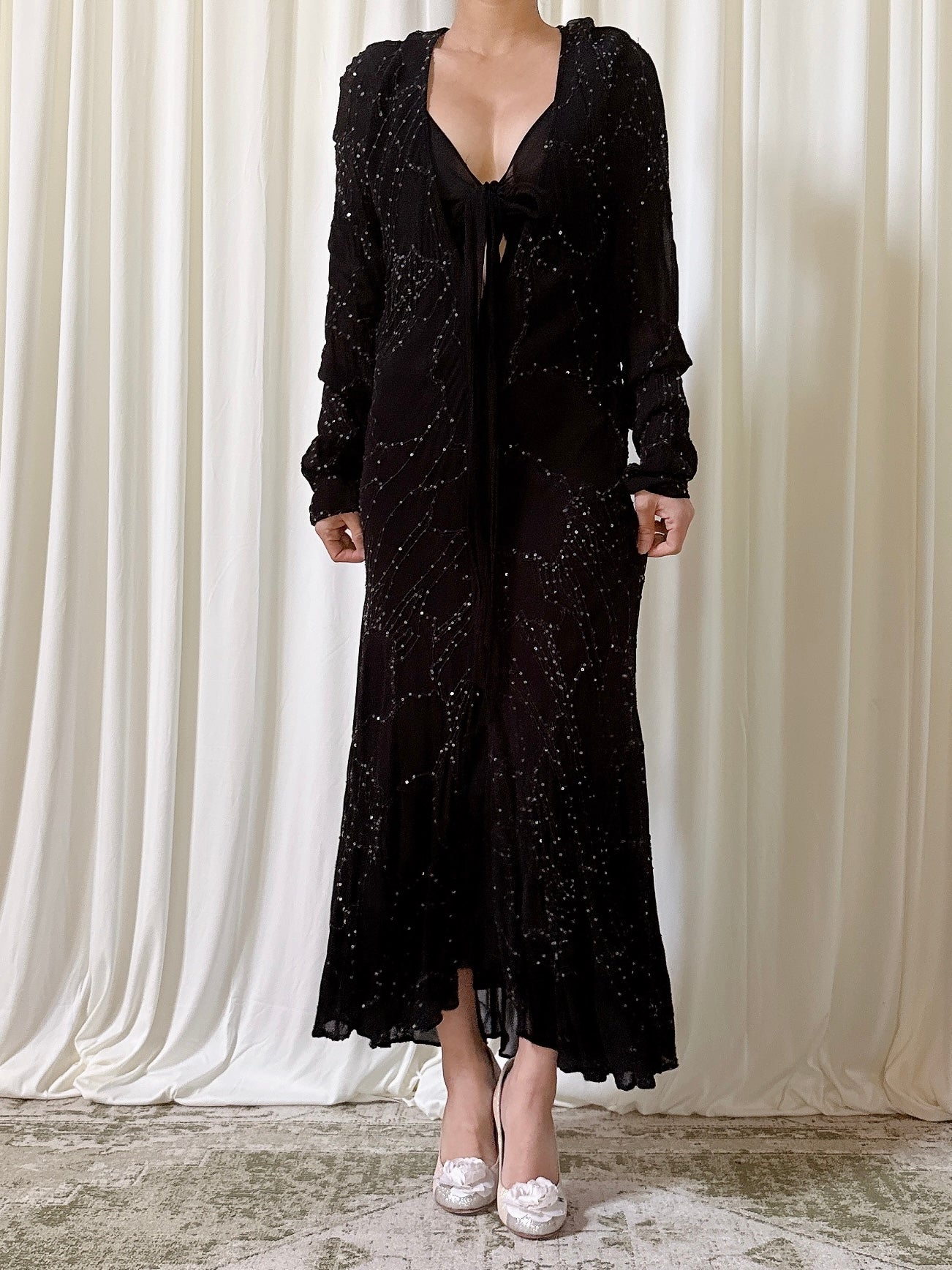 Vintage Ghost London Chiffon Black Beaded Dress - M
