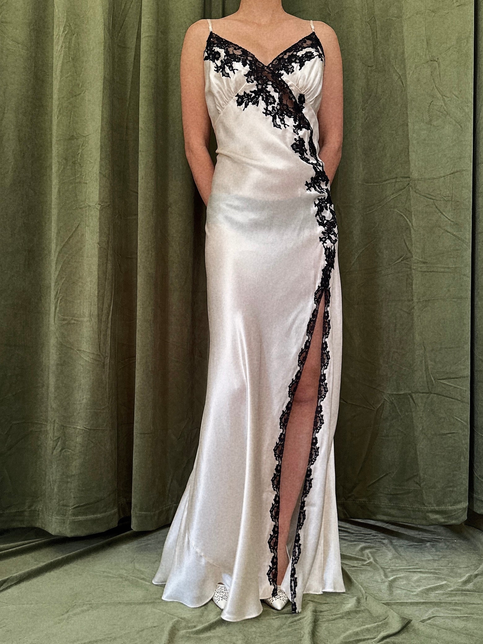 Vintage Silk with Black Lace Slip Dress - M