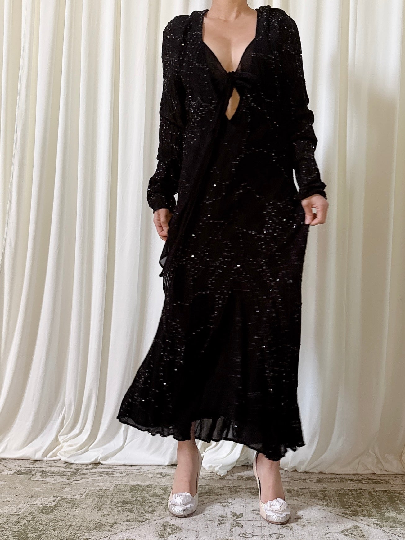 Vintage Ghost London Chiffon Black Beaded Dress - M