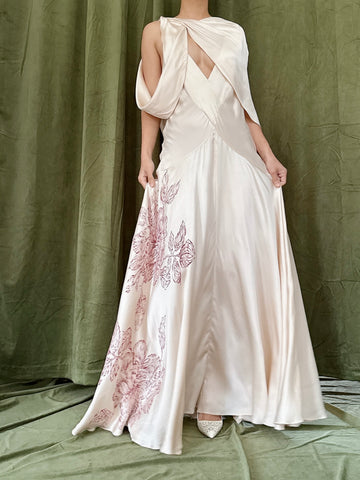 Vintage Ecru Painted Peony Silk Gown - M