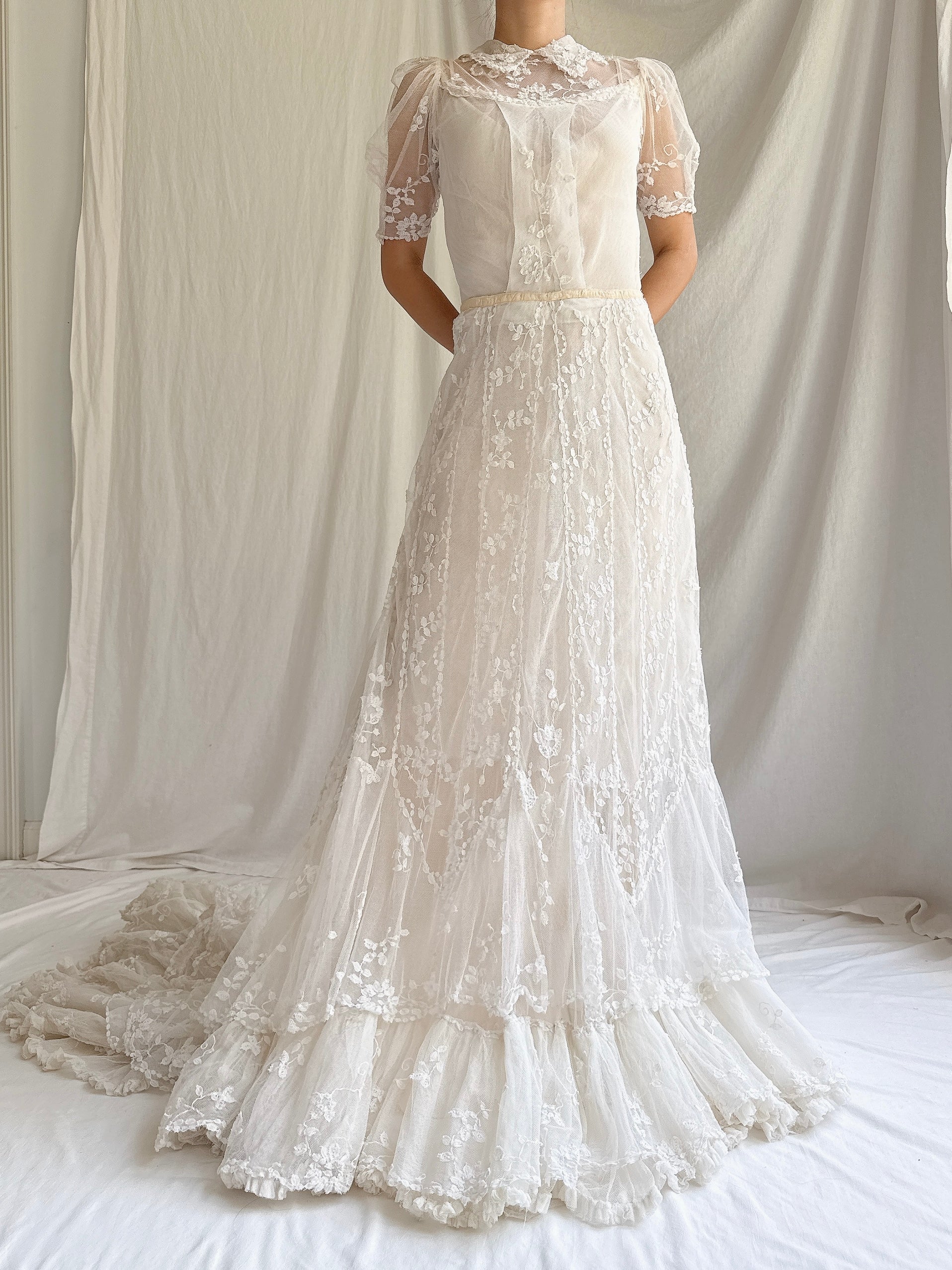 Rare Antique Applique Lace Gown - XS