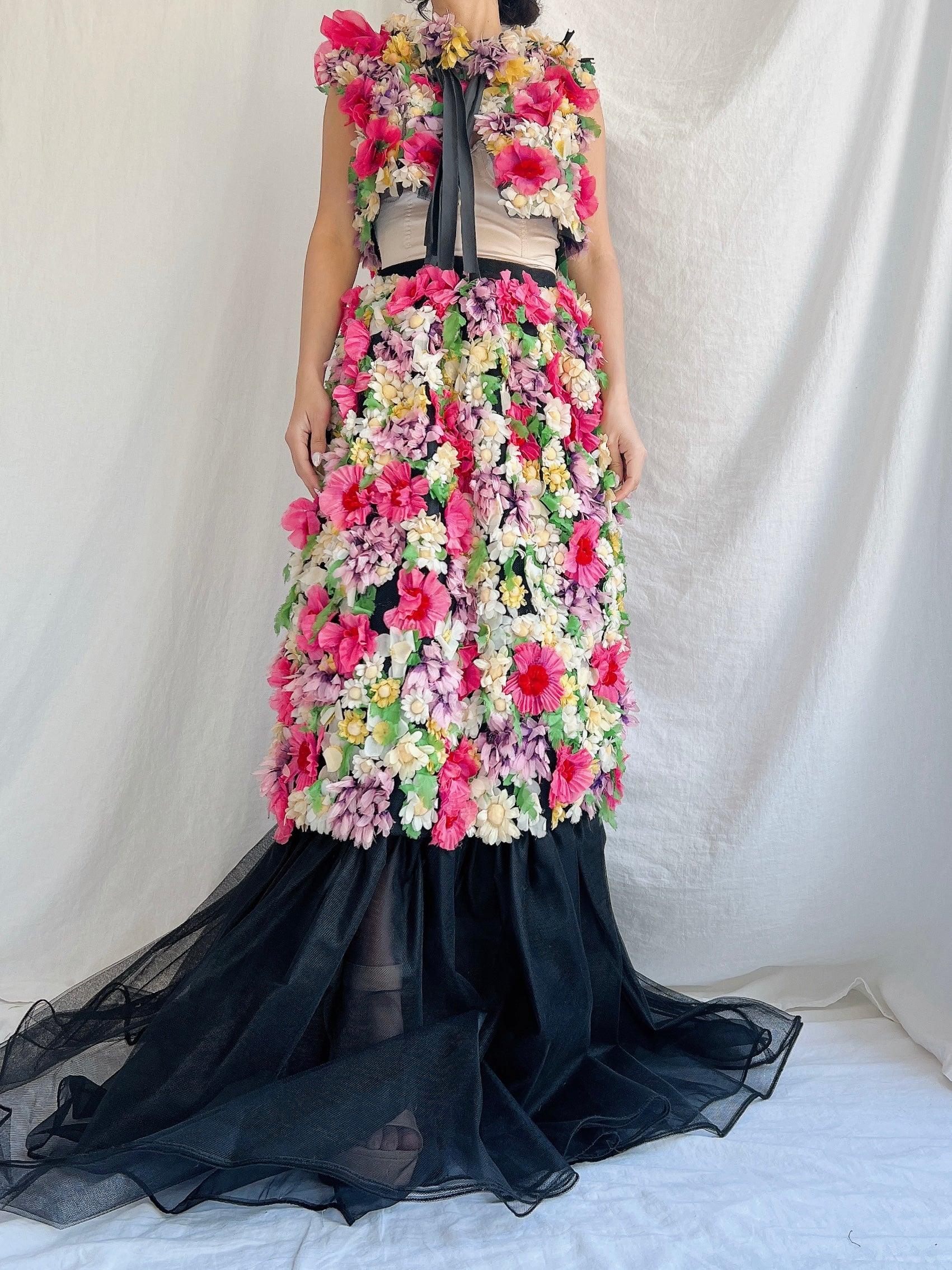 Vintage Adolfo Silk Organza Floral Gown XS