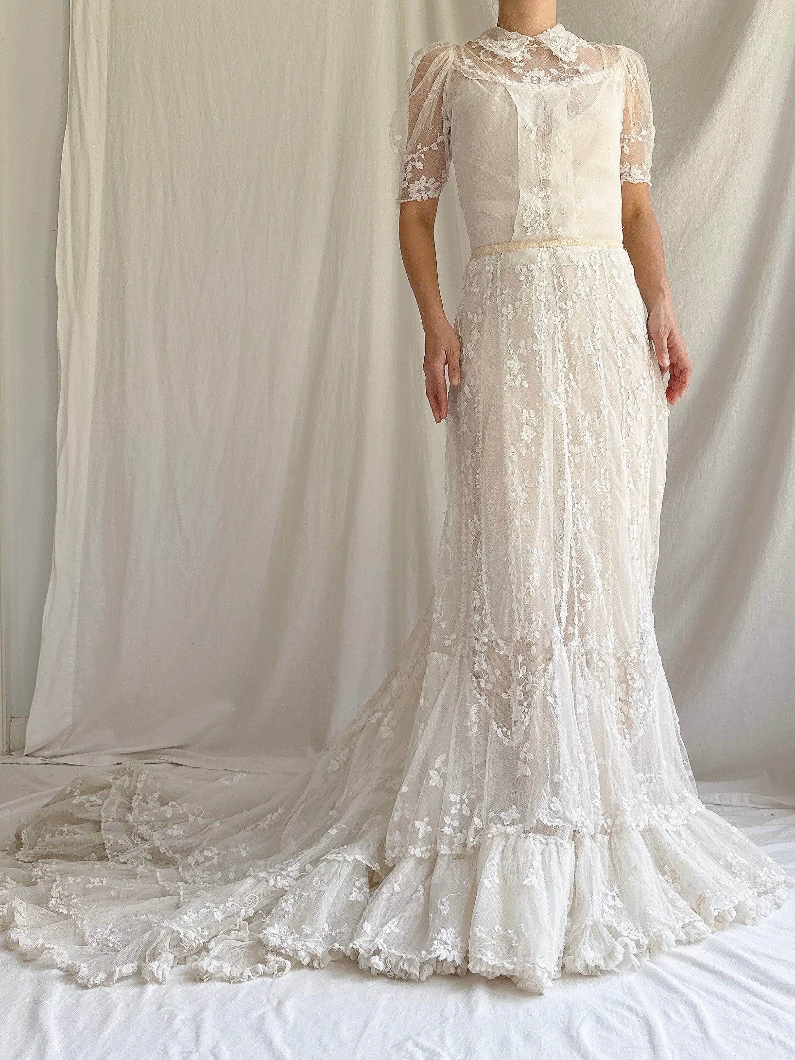 Rare Antique Applique Lace Gown - XS