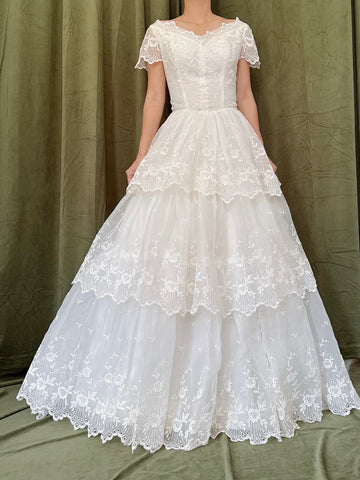 1950s Tiered Embroidered Gown - XS