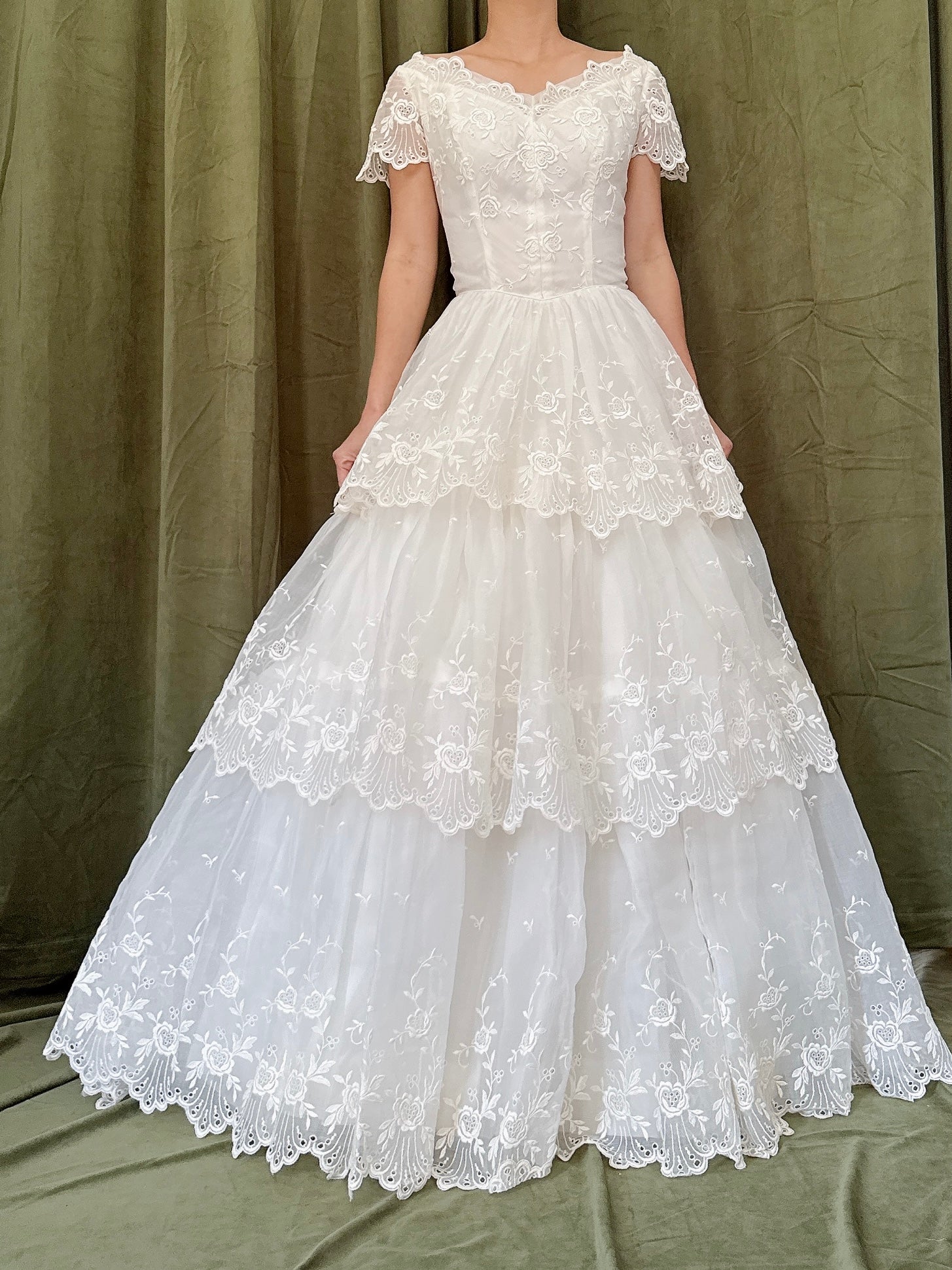 1950s Tiered Embroidered Gown - XS