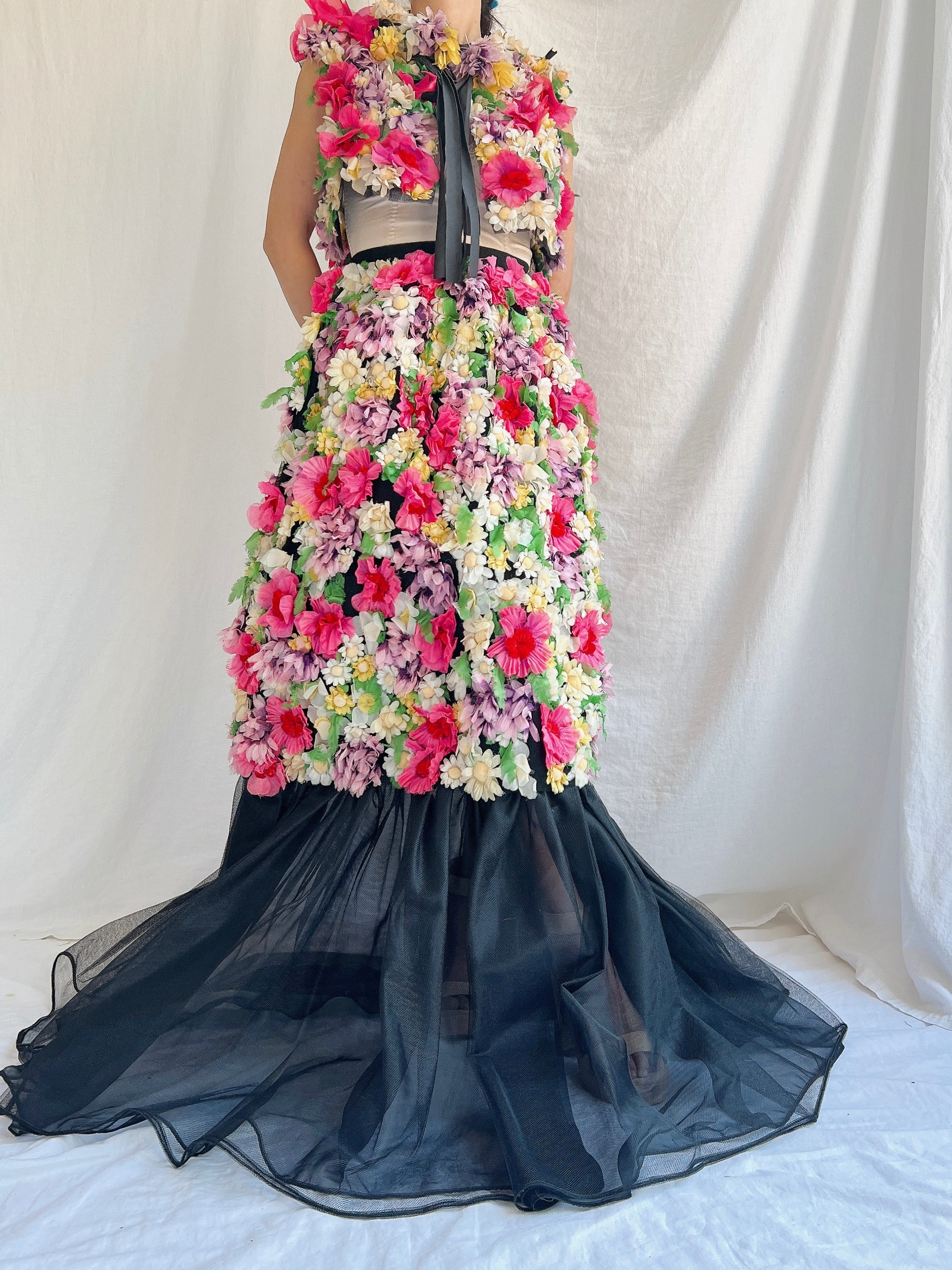 Vintage Adolfo Silk Organza Floral Gown XS