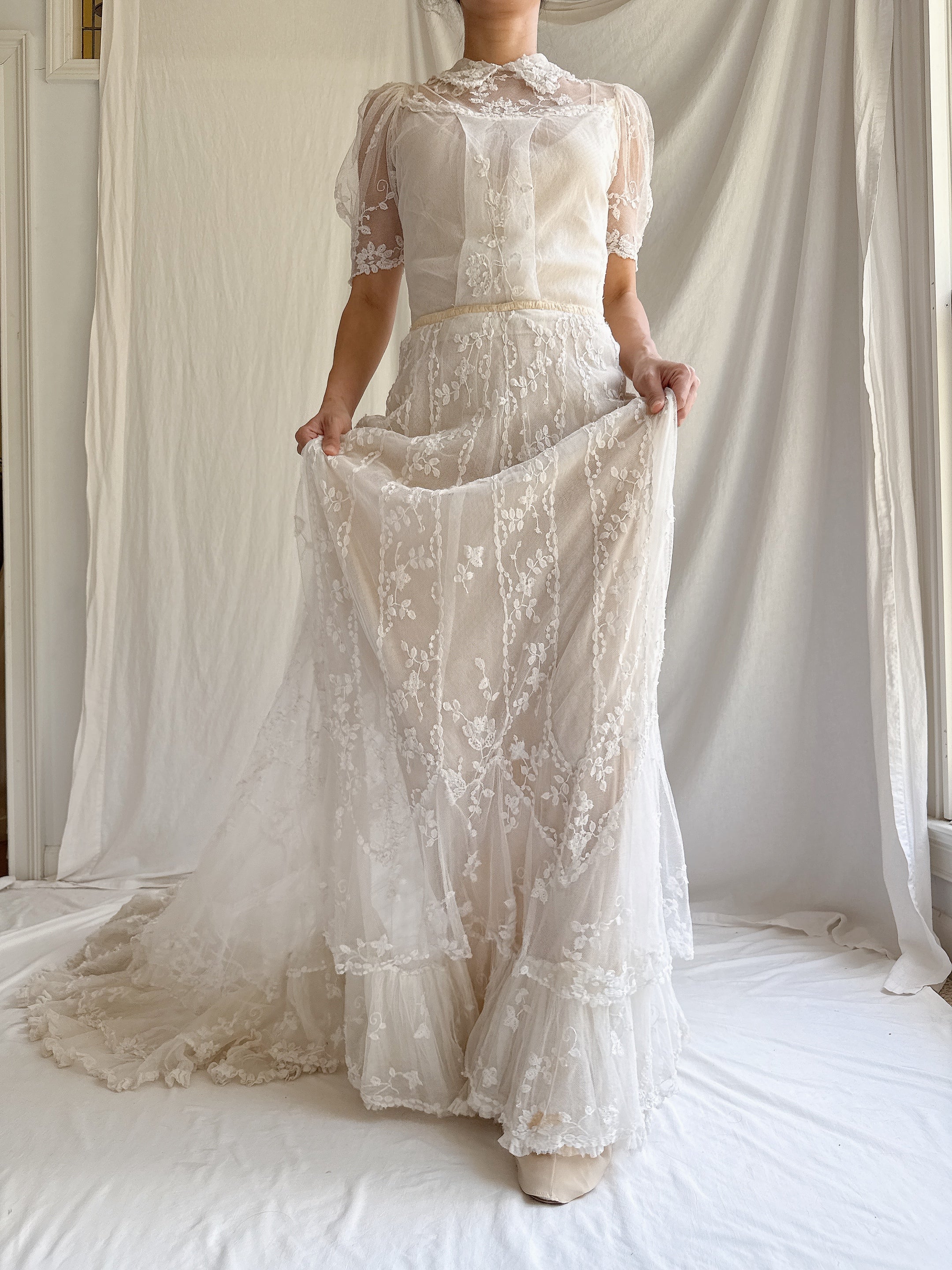 Rare Antique Applique Lace Gown - XS