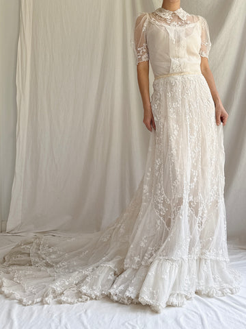 Rare Antique Applique Lace Gown - XS