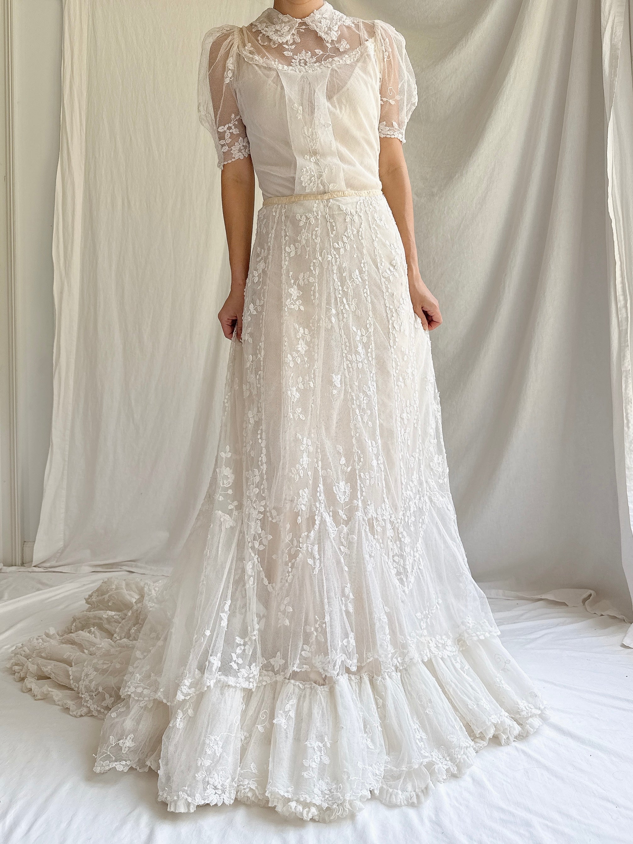Rare Antique Applique Lace Gown - XS