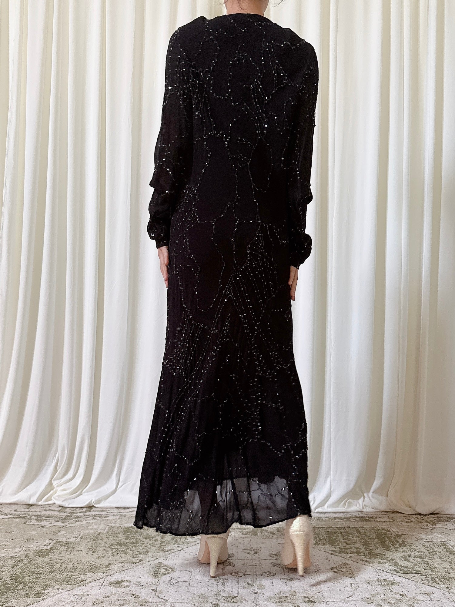 Vintage Ghost London Chiffon Black Beaded Dress - M