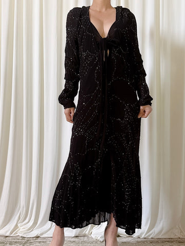 Vintage Ghost London Chiffon Black Beaded Dress - M