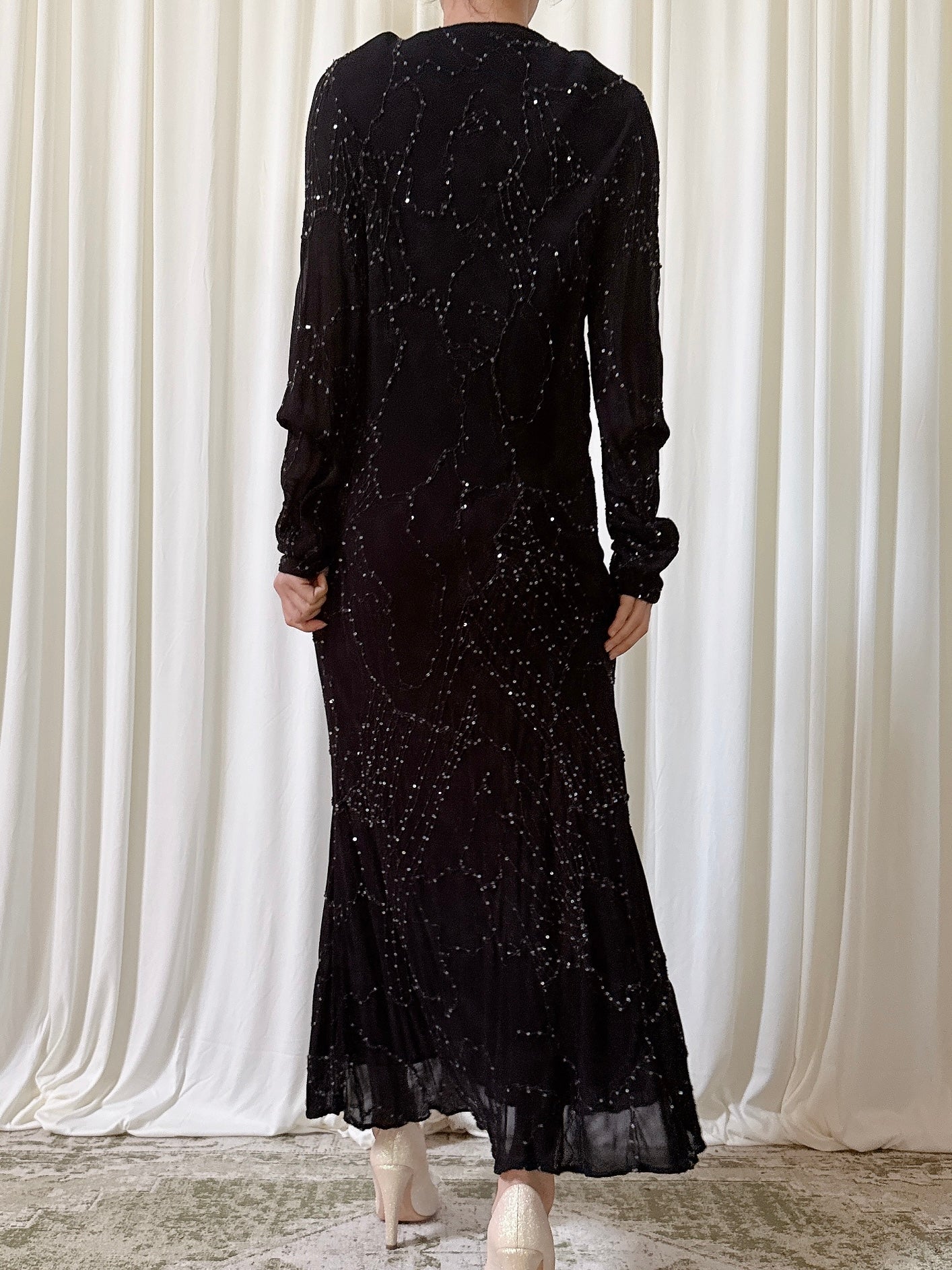 Vintage Ghost London Chiffon Black Beaded Dress - M