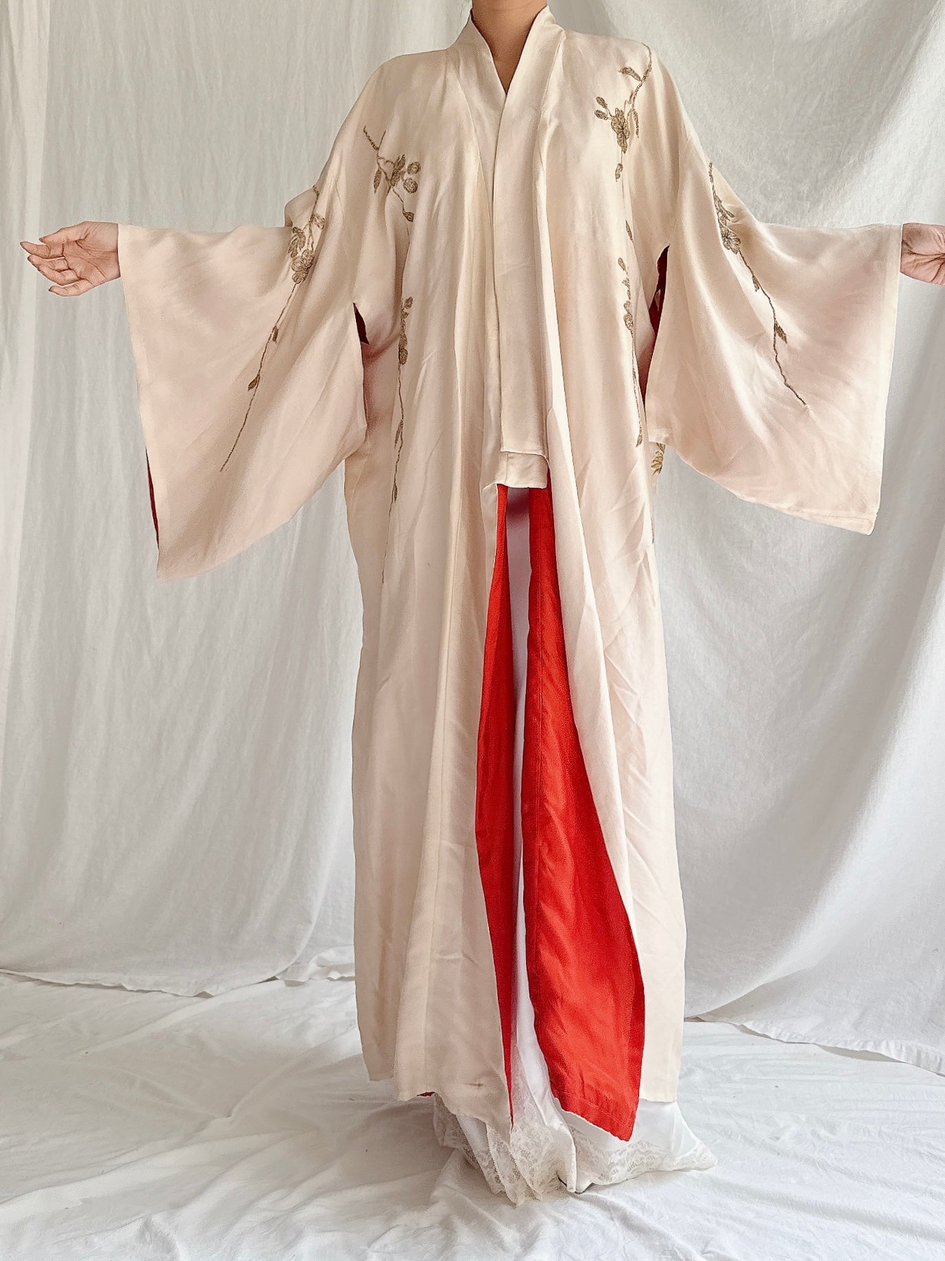 Antique Silk Peacock Embroidered Kimono - OSFM