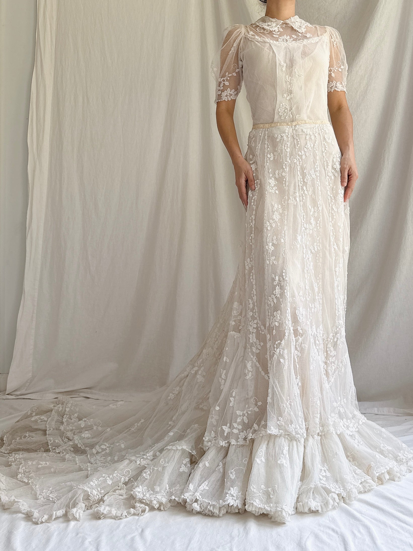 Rare Antique Applique Lace Gown - XS
