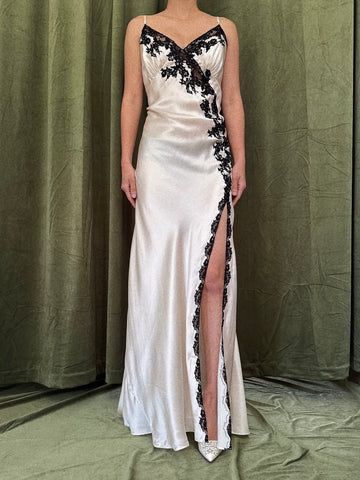 Vintage Silk with Black Lace Slip Dress - M