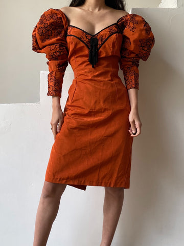 RESERVED Vintage Rust-Color Mutton Sleeve Wiggle Dress - M