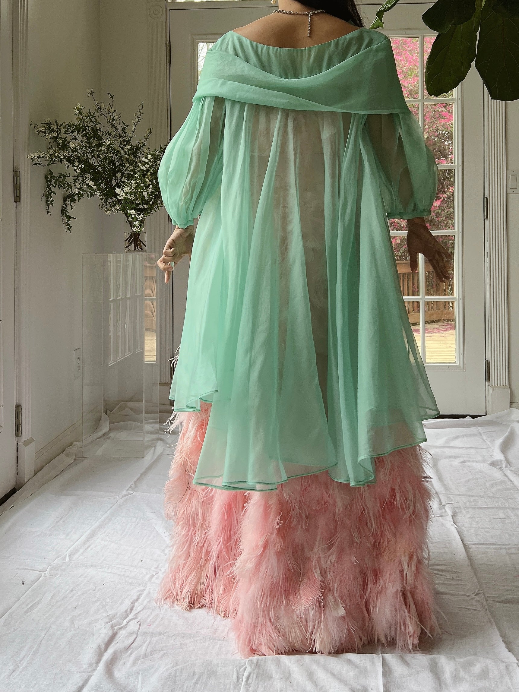 1960s Silk Chiffon Puff Sleeves Duster - OSFM